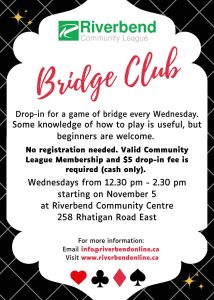 bridge club on wednesdays from 1230-230pm at 258 rhatigan road east