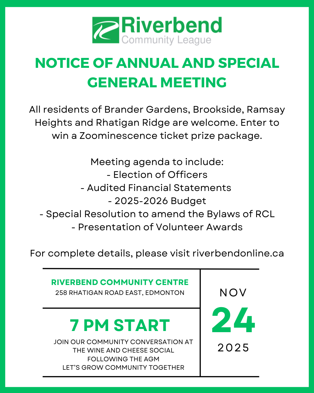 AGM on November 24, 2025 at 7pm at Rhatigan Rd E