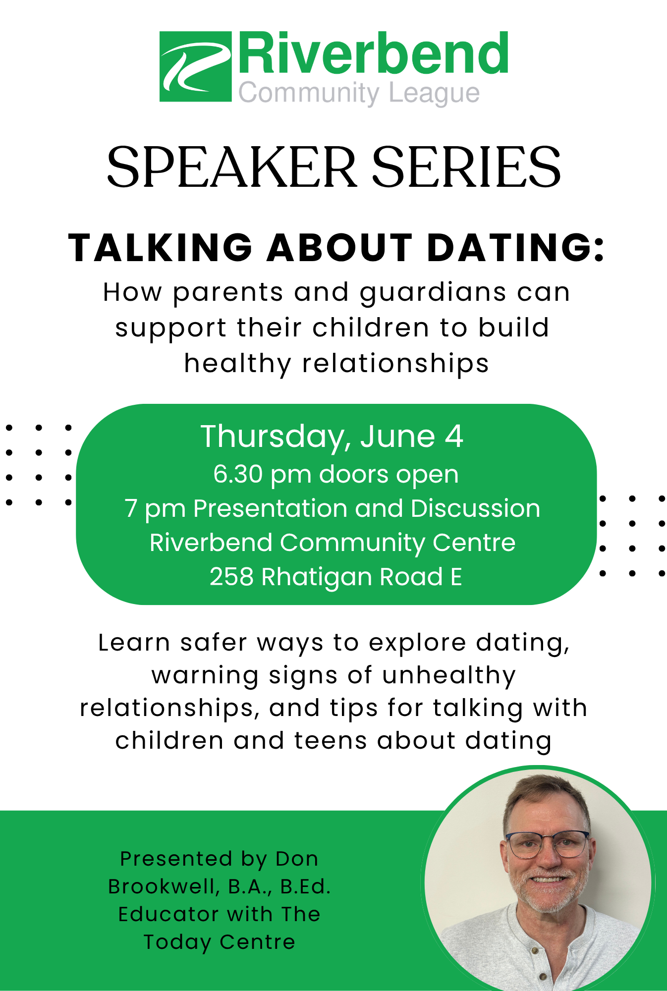 Talking about Dating event on June 4, 2026. How parents and guardians can support their children to build healthy relationships. Everyone welcome.